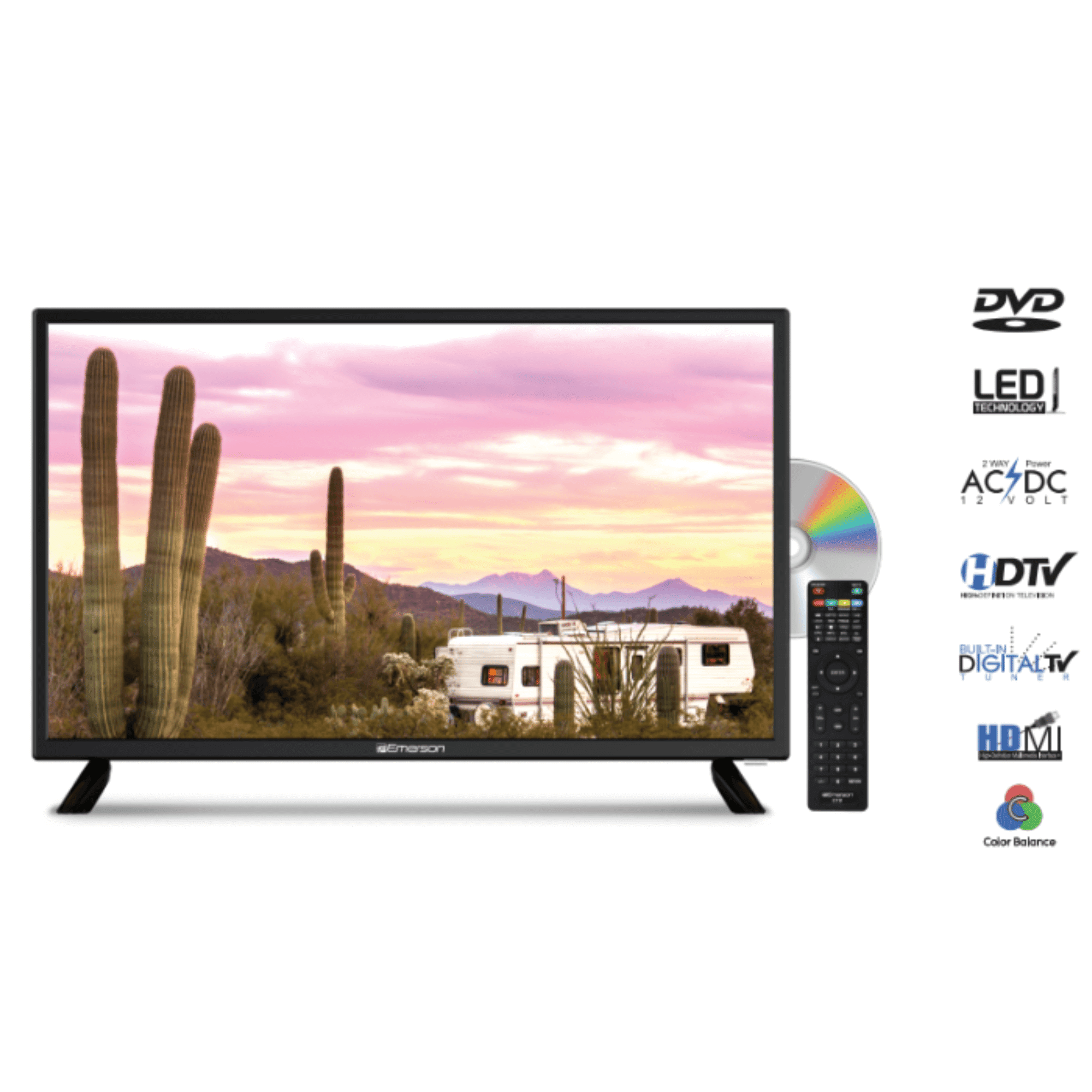 Emerson 24" HD LED TV with Built-in DVD Player – AC/DC 12V, 720p, Wall or Tabletop Mountable - Annabel's