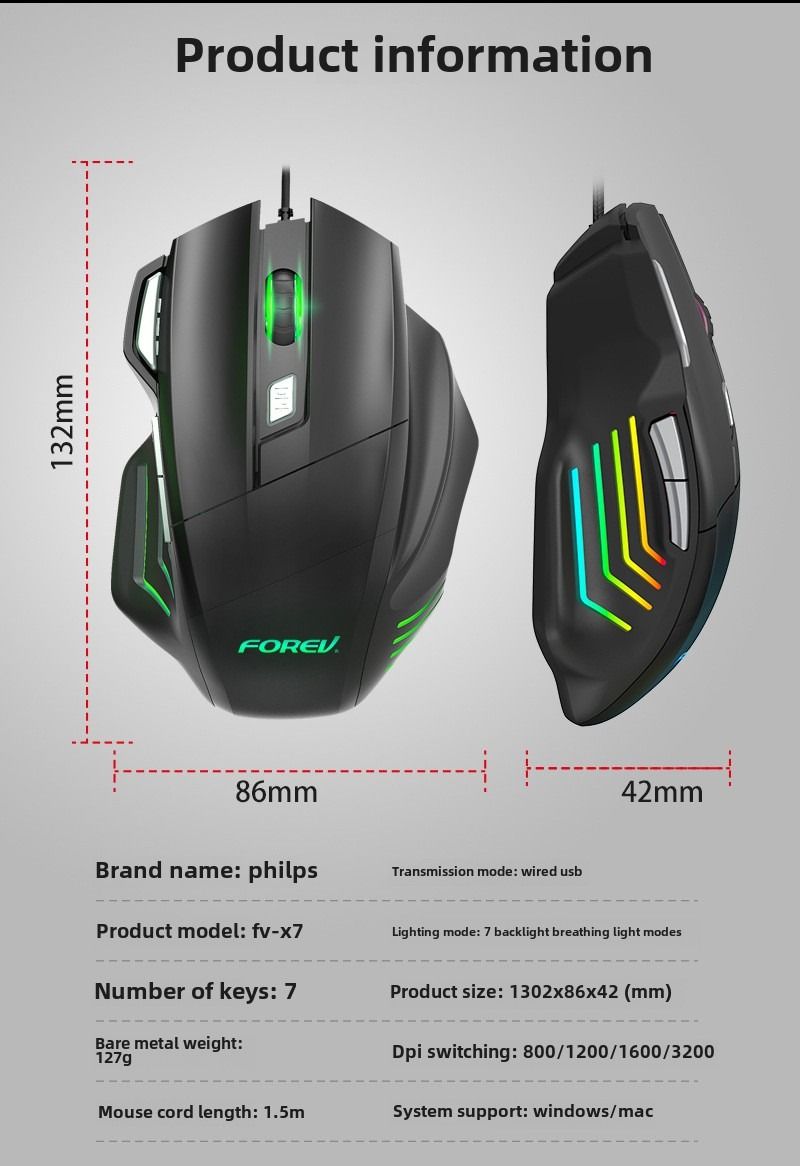 Wired Gaming Mouse FVX7 – 7 Button Ergonomic, Adjustable DPI, RGB Lighting for PC - Annabel's